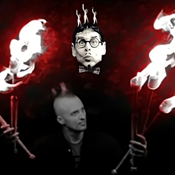 The faces of two light skinned men hover against a dark backdrop. One appears t have glasses and a moustaches drawn on with marker. Hands holding flaming batons frame them.
