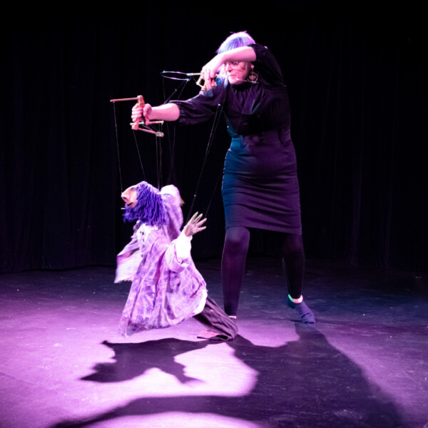a person holds a puppet on a stage